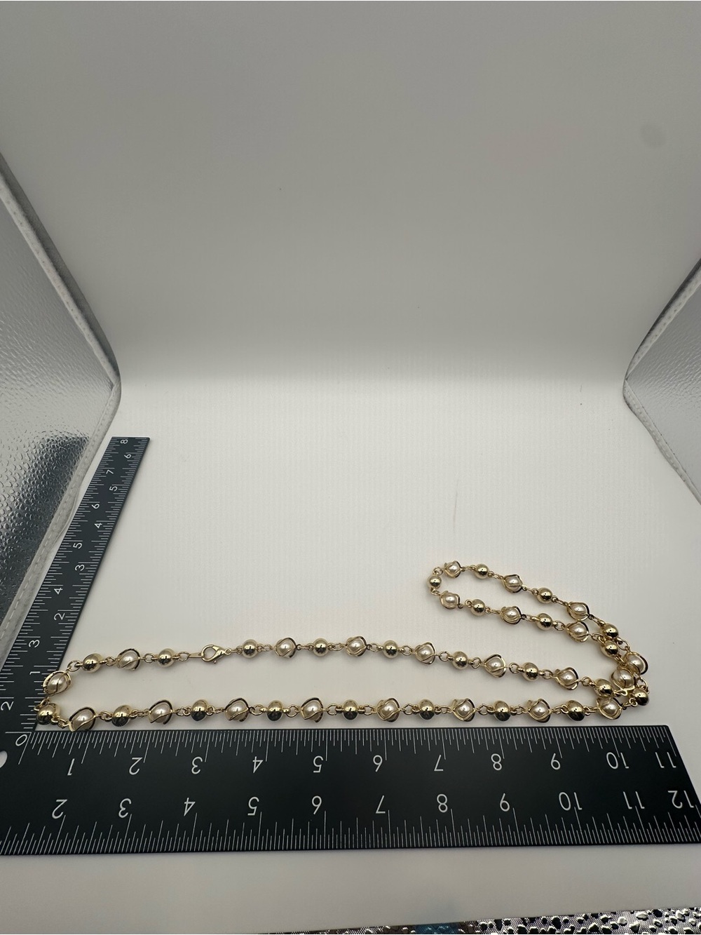 Gold Tone Faux Pearl Station Chain Necklace Caged Swirl Bead Long Statement 36" - Picture 3 of 3